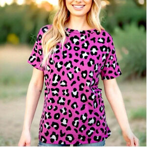 HAPTICS by Holly Harper Short Sleeve Animal Print Purple Knit Top Womens Small